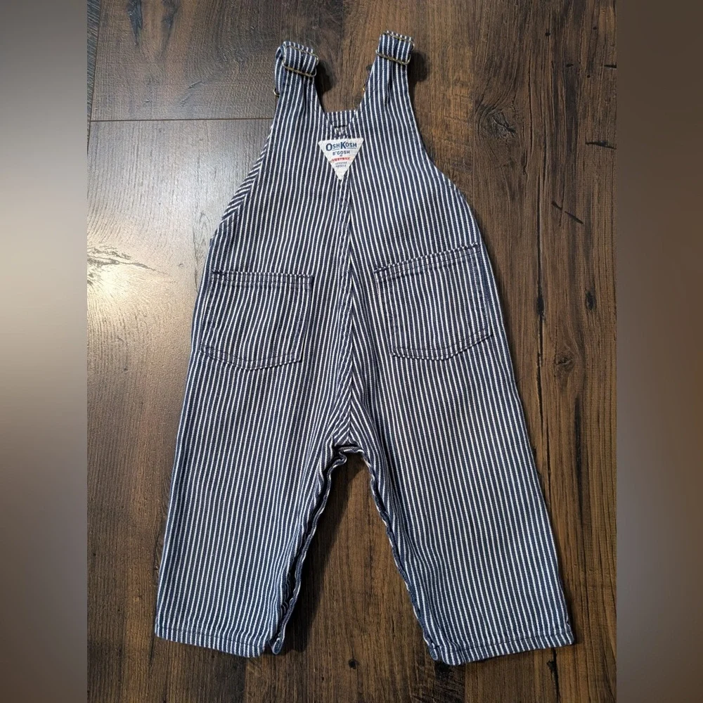 Vintage OshKosh Railroad Overalls Blue White Stripes Size 12 Months
